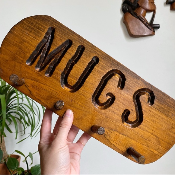 Vintage Wooden Coffee Mug Peg Rack Wall Hooks Kitchen Storage MCM - Picture 5 of 7